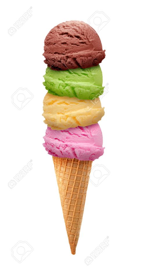 Four different flavor ice creams with cone on white background
